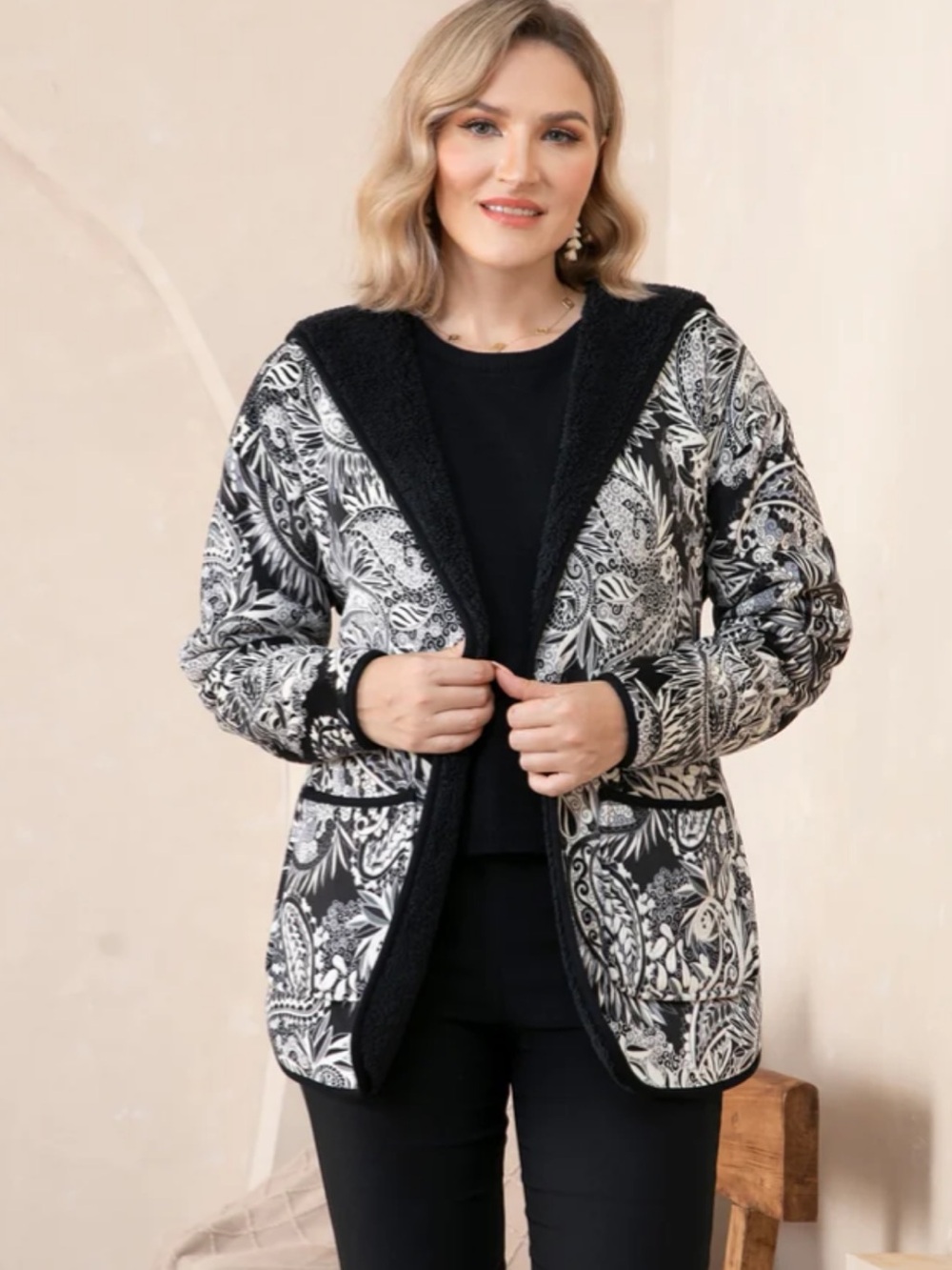 Martha's Fleece Cardigan Black & White Botanical